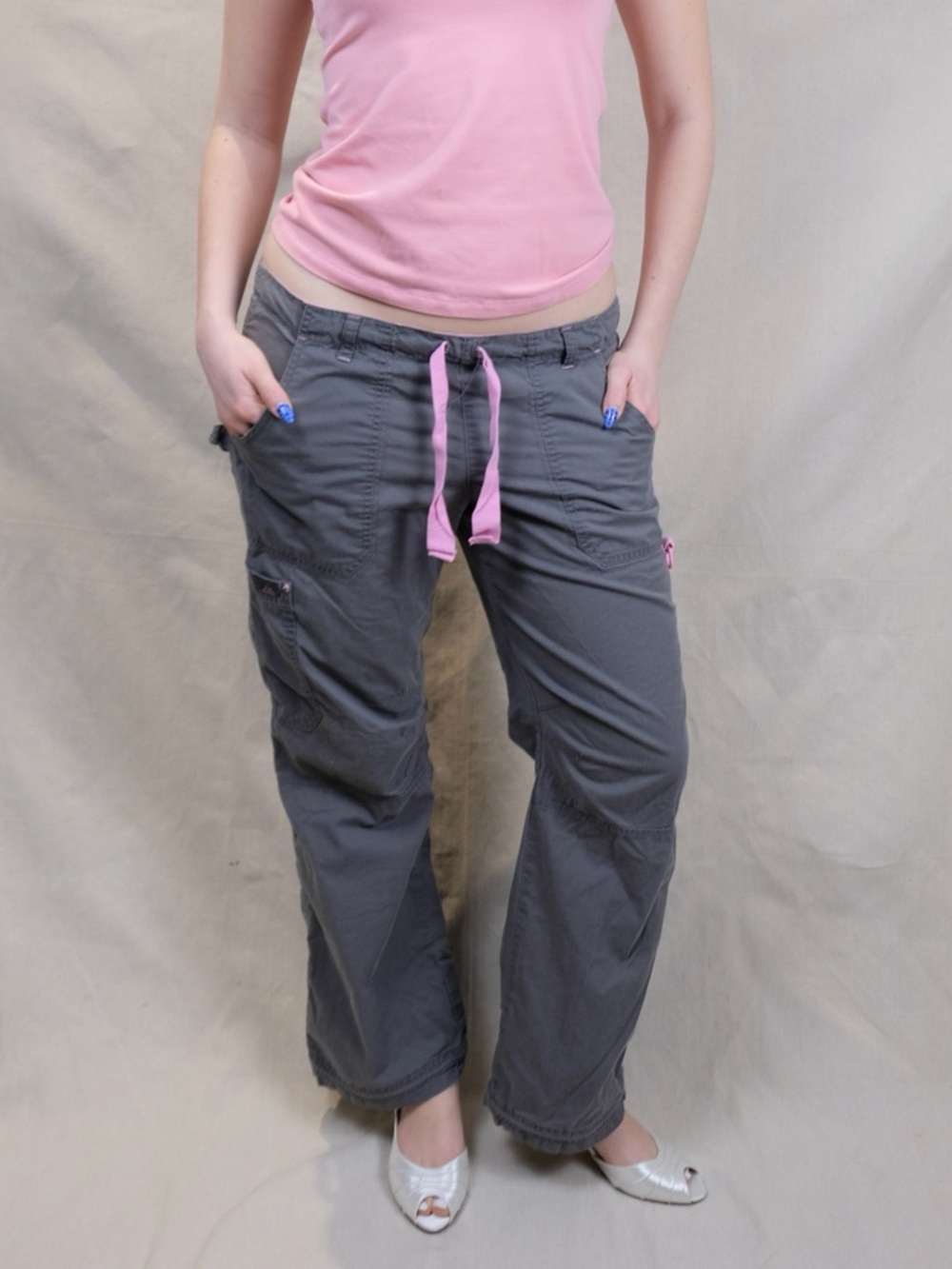 koi Gray Cargo Track Pants with Pink Drawstring
